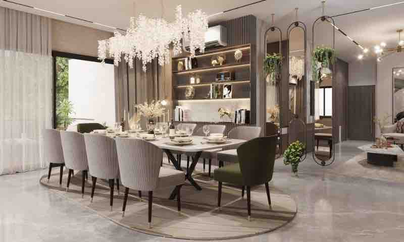 Living and dining room inside an L&T Aravista 3 BHK residence
